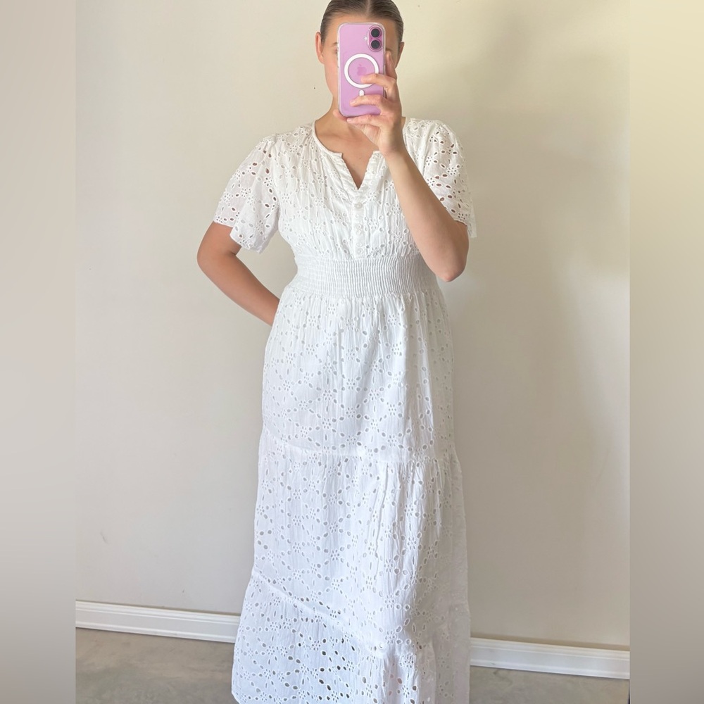 White Eyelet Maxi Dress Short Sleeve Cotton White Lined Women’s Small Me…